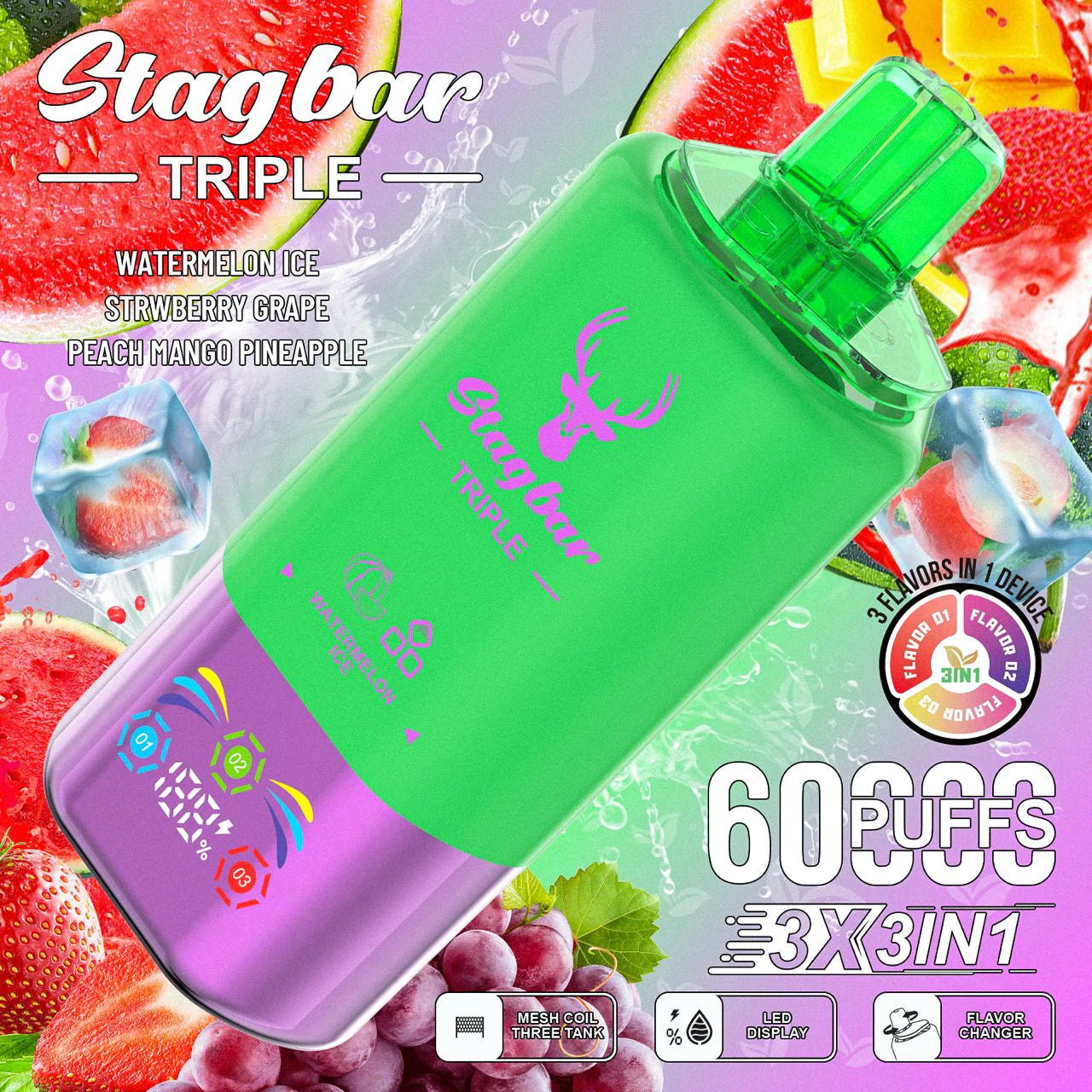 Stag Bar 60K - Sandía Helada – Fresa con Uva – Melocotón Mango y Piña