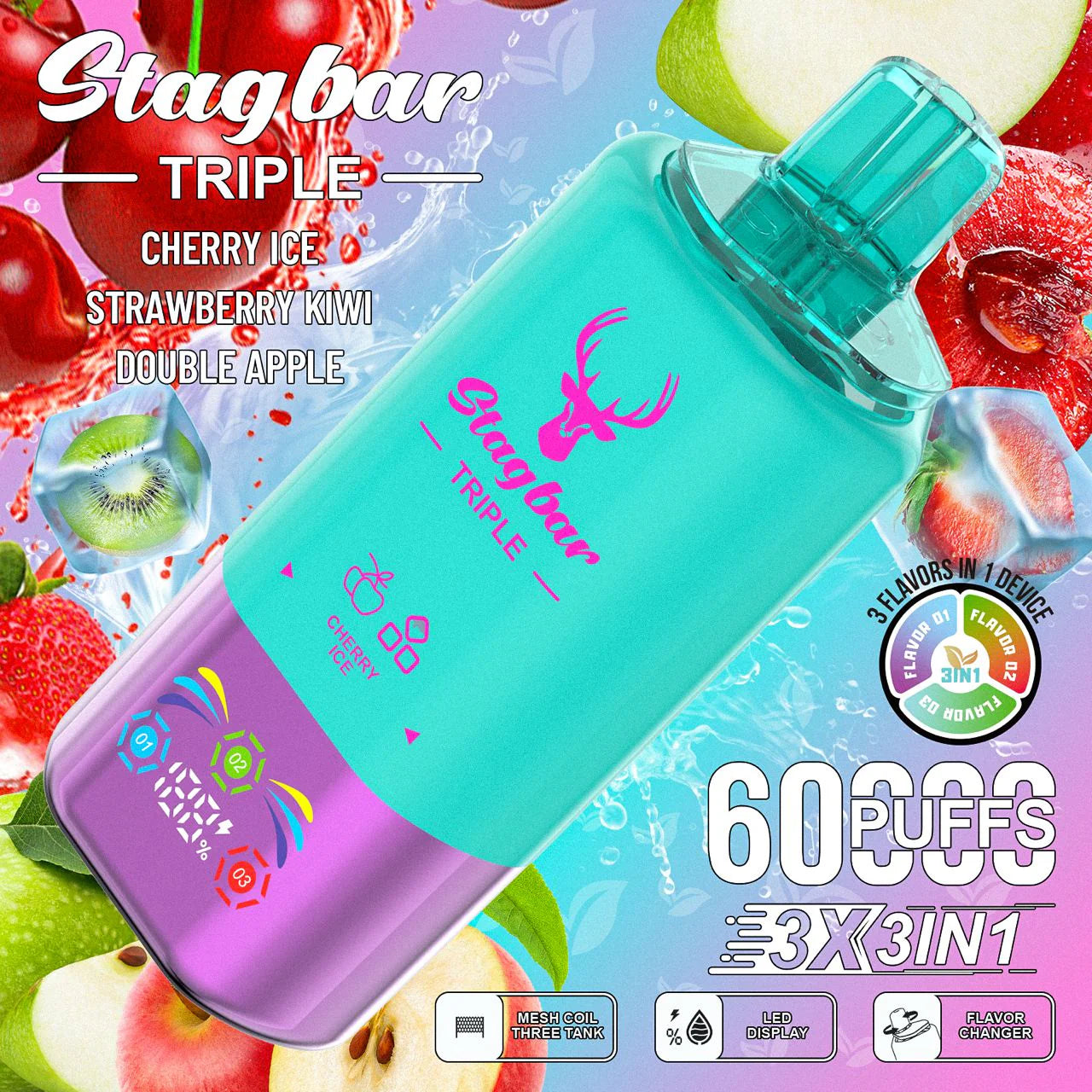 Stag Bar 60K - Fresa con Uva – Frambuesa con Sandía – Arándano Helado