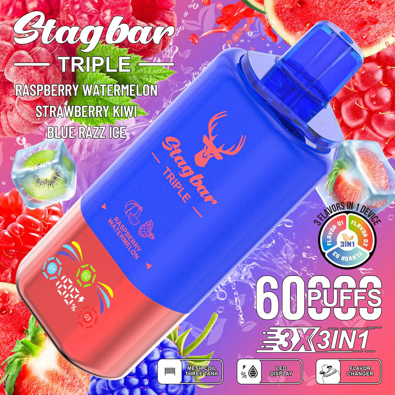 Stag Bar 60K - Frambuesa con Sandía – Fresa con Kiwi – Frambuesa Azul Helada