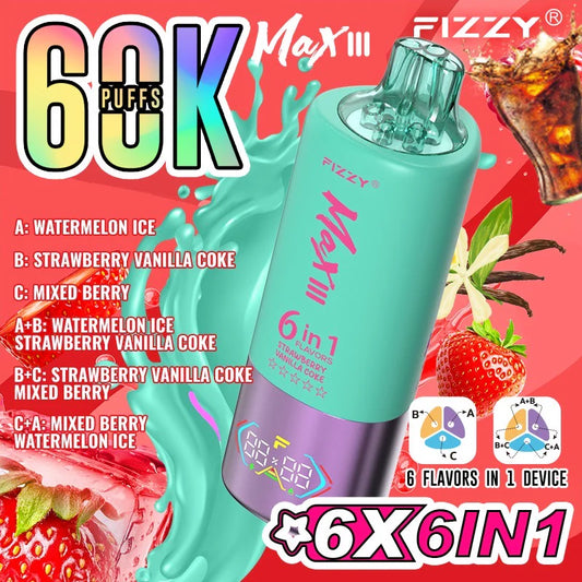 Fizzy Séxtuple 60K - Sandía Helada - Fresa con Vainilla y Cola - Frutas del Bosque