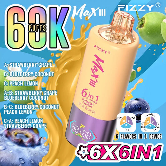 Fizzy Séxtuple 60K - Fresa y Uva - Arándano y Coco - Melocotón y Limón